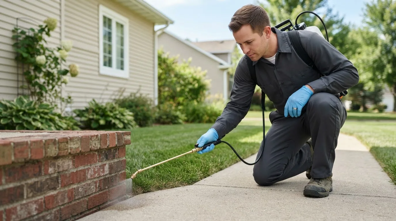 Pest control technician treating a home near Badger, MN